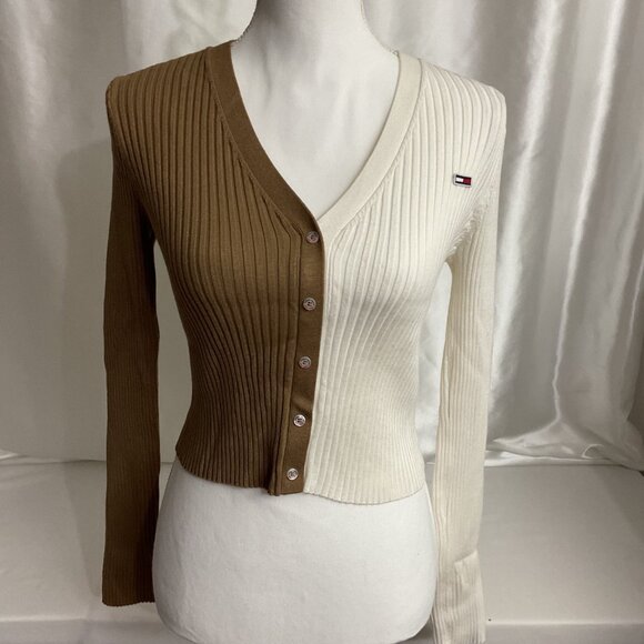 Tommy Hilfiger Womens Two-Tone Ribbed Knit Button-Up Cardigan Tan/White size S - Picture 1 of 9